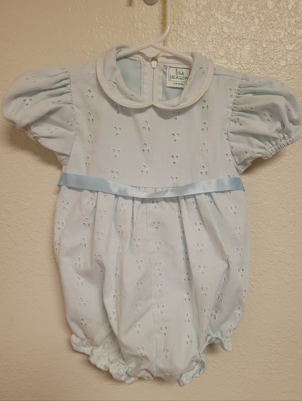 Lisa Jackson Blue Eyelet Bubble Romper with Satin Belt